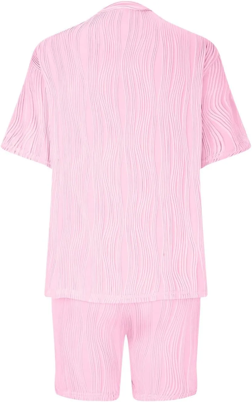 Xiaojmake 2 Piece Outfit for Women Textured Lounge Sets Knit Pj Set Short Sleeve Pullover Top and Short Set Summer Tracksuit