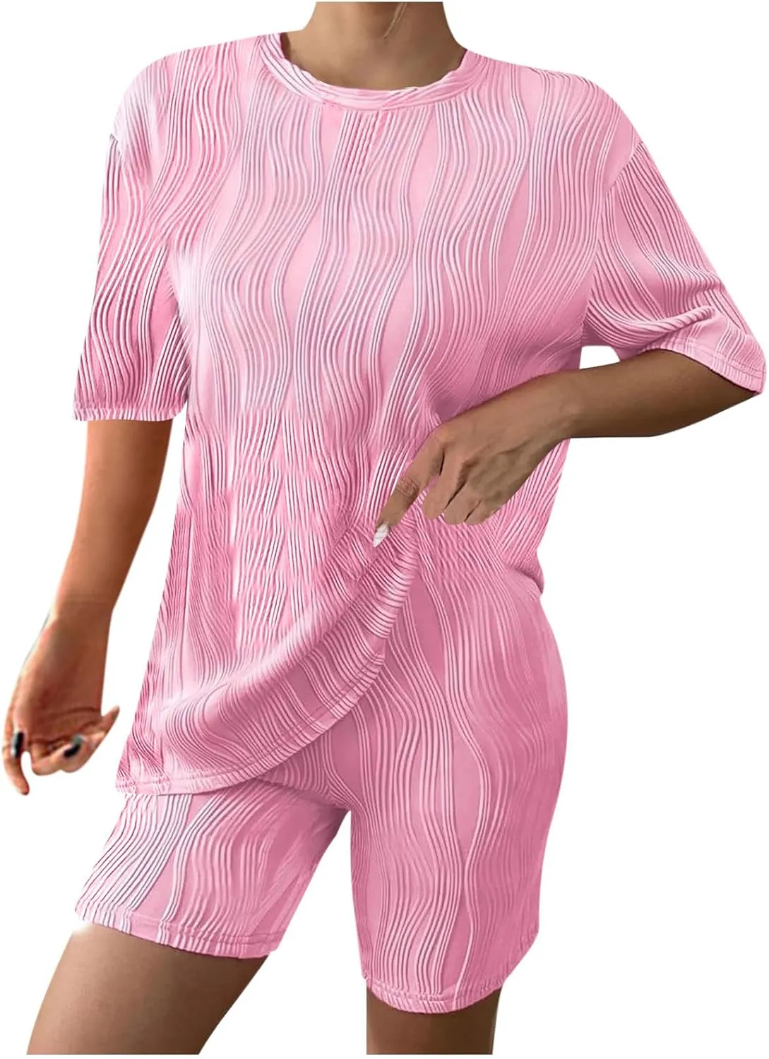Xiaojmake 2 Piece Outfit for Women Textured Lounge Sets Knit Pj Set Short Sleeve Pullover Top and Short Set Summer Tracksuit