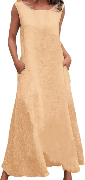XOWRTE 2025 Women Summer Vacation Linen Dresses Sleeveless Crewneck Loose Beach Sundress Tank Maxi Dress with Pockets