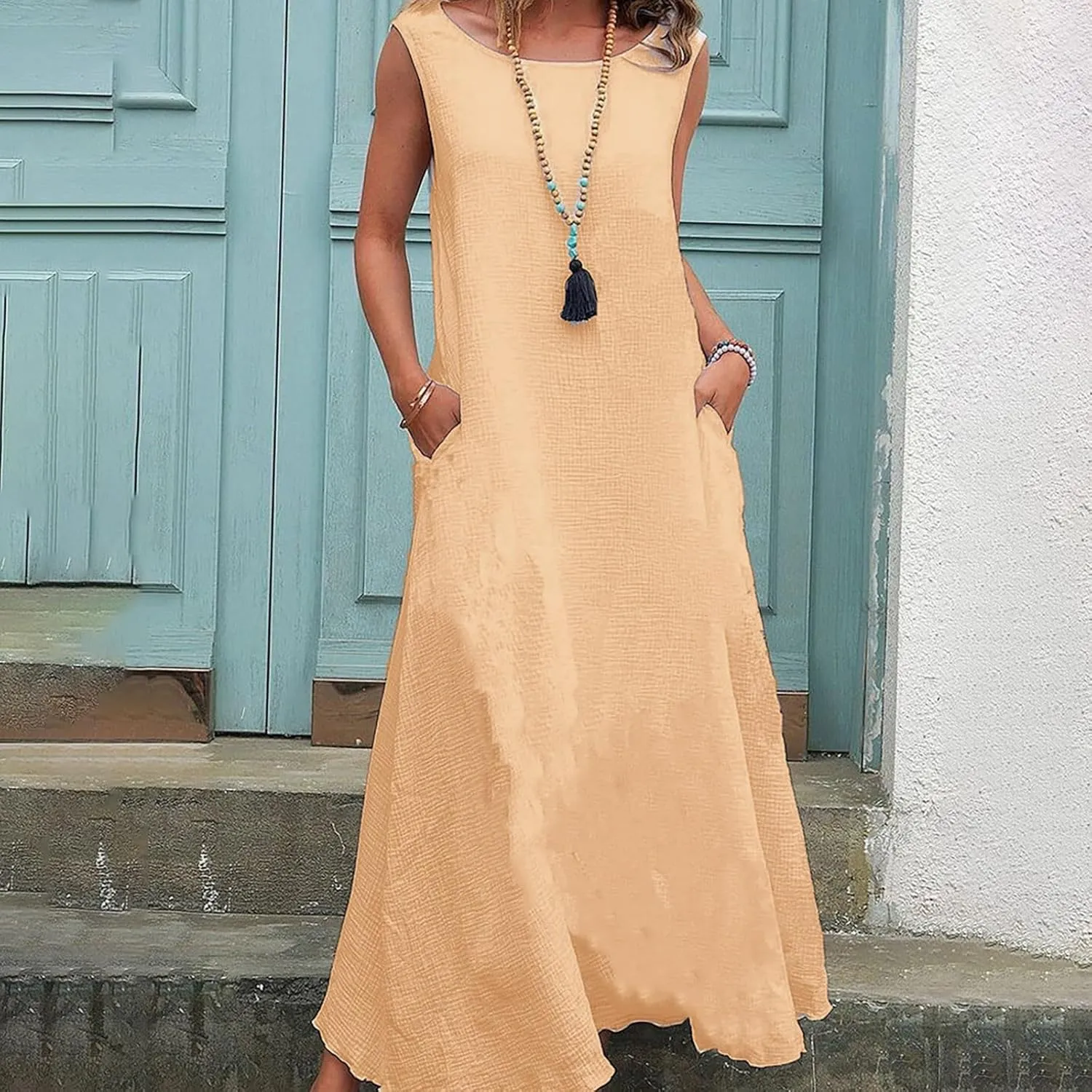 XOWRTE 2025 Women Summer Vacation Linen Dresses Sleeveless Crewneck Loose Beach Sundress Tank Maxi Dress with Pockets