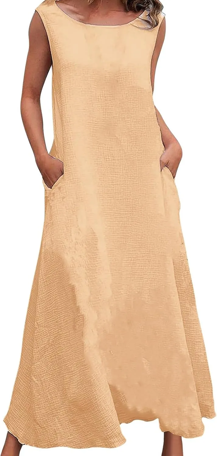 XOWRTE 2025 Women Summer Vacation Linen Dresses Sleeveless Crewneck Loose Beach Sundress Tank Maxi Dress with Pockets