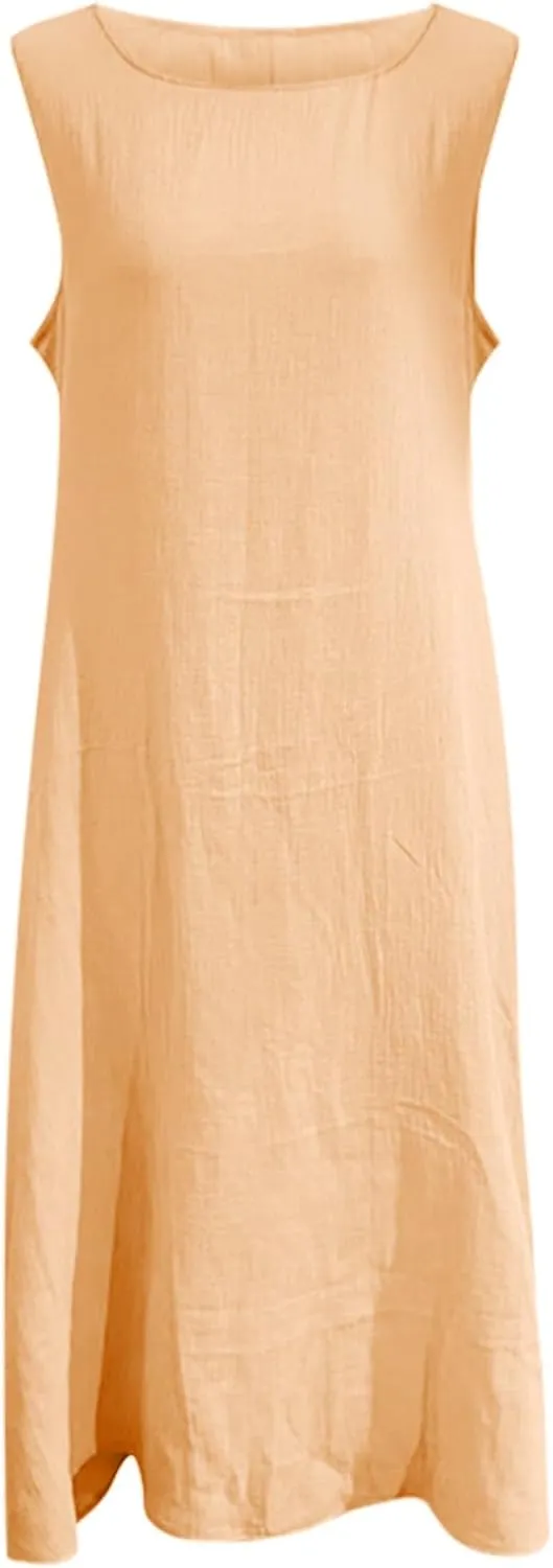 XOWRTE 2025 Women Summer Vacation Linen Dresses Sleeveless Crewneck Loose Beach Sundress Tank Maxi Dress with Pockets
