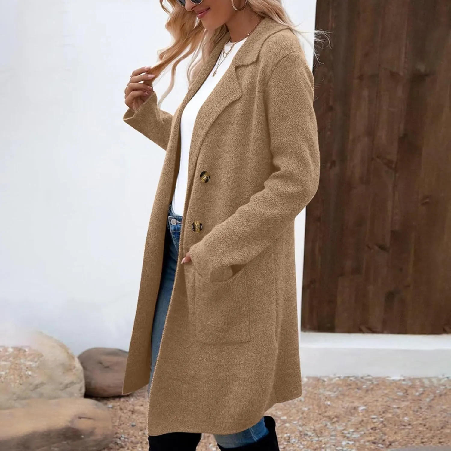 XOWRTE Women Wool Blend Coat Double Breasted Notch Lapel Long Trench Coat Casual Solid Winter Elegant Jackets for