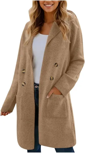 XOWRTE Women Wool Blend Coat Double Breasted Notch Lapel Long Trench Coat Casual Solid Winter Elegant Jackets for