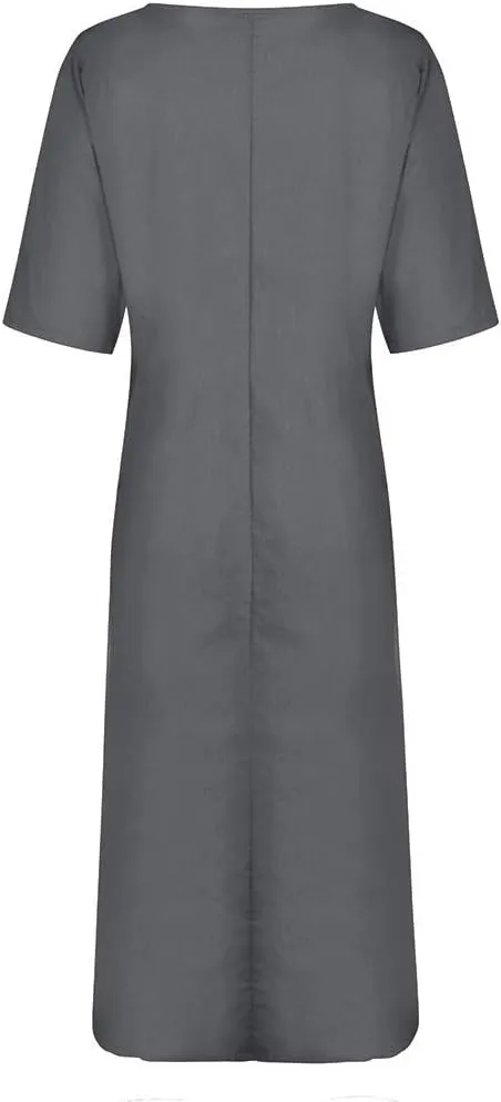 XOWRTE Women's Casual Cocktail Dresses Summer Cotton Linen Long Sleeve O-Neck Fold Casual Dress Round Neck Dress