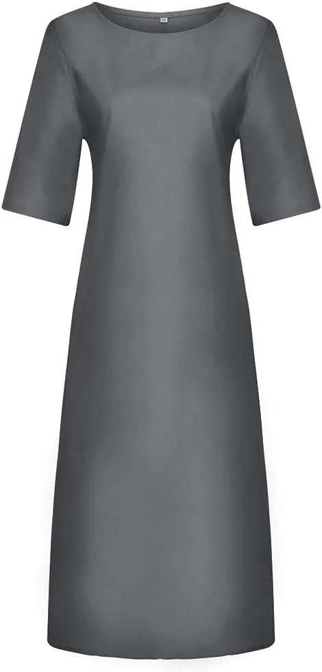 XOWRTE Women's Casual Cocktail Dresses Summer Cotton Linen Long Sleeve O-Neck Fold Casual Dress Round Neck Dress