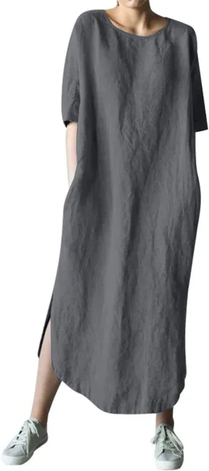 XOWRTE Women's Casual Cocktail Dresses Summer Cotton Linen Long Sleeve O-Neck Fold Casual Dress Round Neck Dress