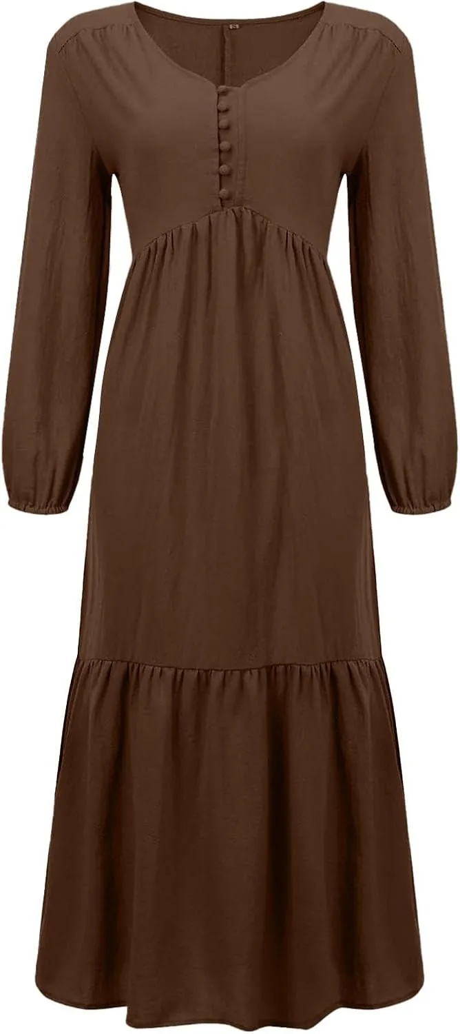 XOWRTE Women's Linen Maxi Dress Long Sleeve with Pockets Casual V-Neck Tiered Ruffle Dress Boho Beach Pleated Long Dress 2025