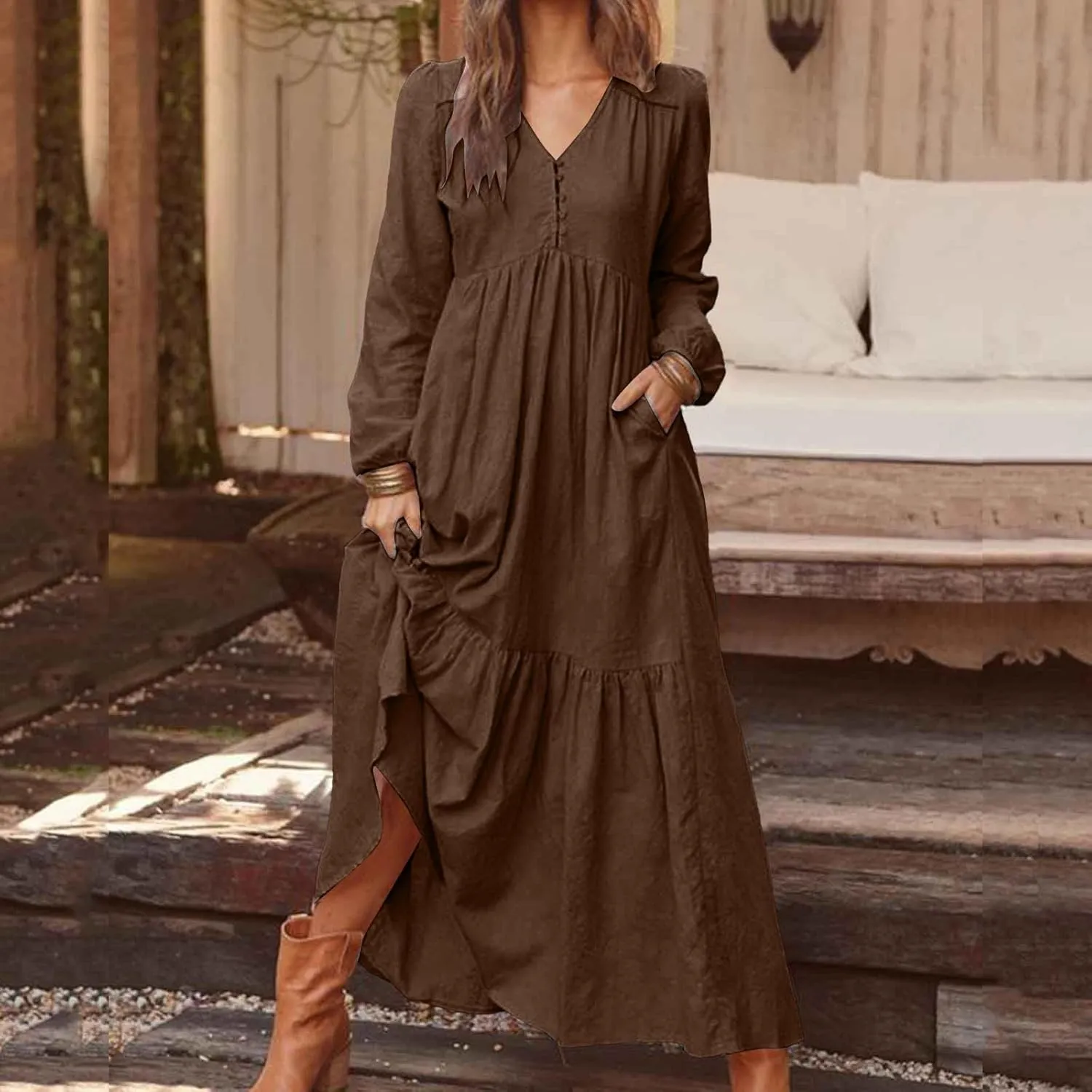 XOWRTE Women's Linen Maxi Dress Long Sleeve with Pockets Casual V-Neck Tiered Ruffle Dress Boho Beach Pleated Long Dress 2025