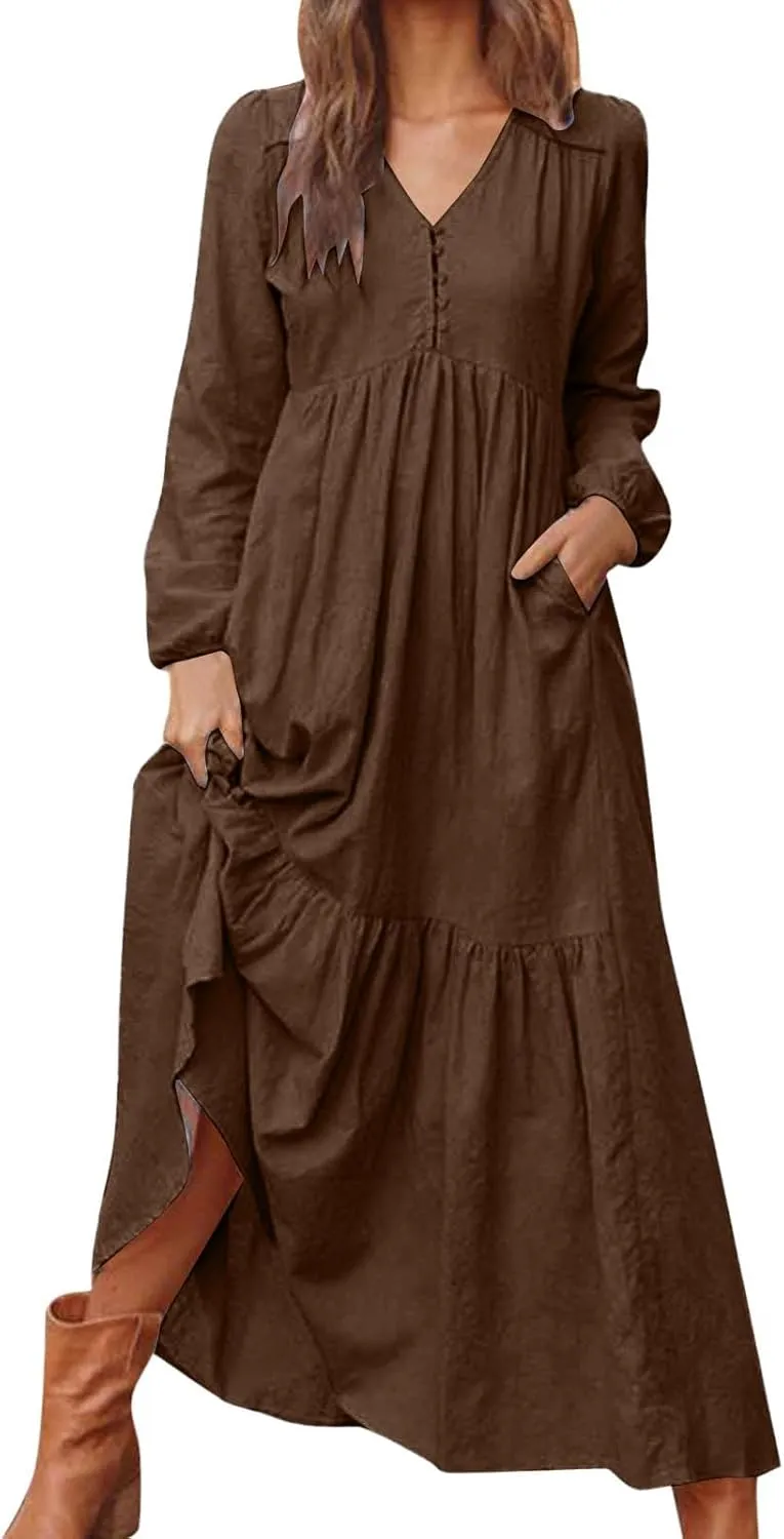 XOWRTE Women's Linen Maxi Dress Long Sleeve with Pockets Casual V-Neck Tiered Ruffle Dress Boho Beach Pleated Long Dress 2025