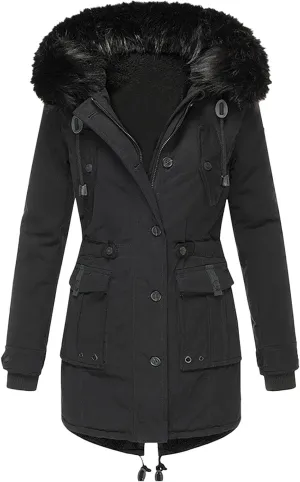 XOWRTE Womens Thicken Hooded Parkas Coats Puffer Coat Faux Fur Fleece Line Down Jackets with Pockets Parkas Long Coats Winter