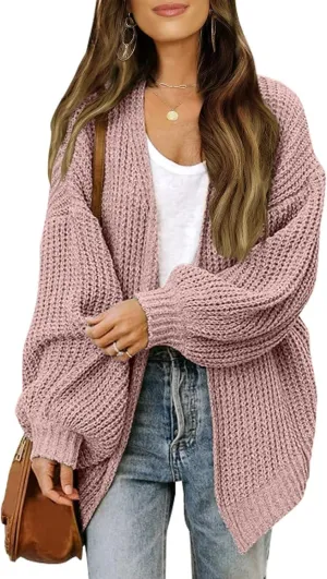 XUETON Womens Open Front Waffle Knit Cardigans Cozy Comfy Batwing Long Sleeve Chunky Knit Loose Draped Sweater Coat Outwear(Pink,XX-Large)