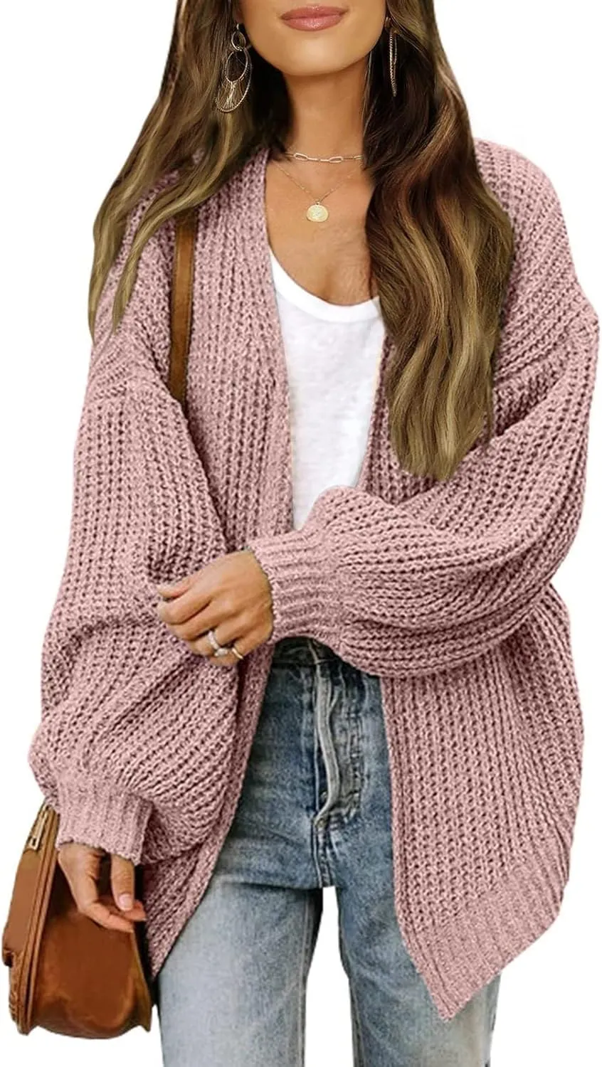 XUETON Womens Open Front Waffle Knit Cardigans Cozy Comfy Batwing Long Sleeve Chunky Knit Loose Draped Sweater Coat Outwear(Pink,XX-Large)