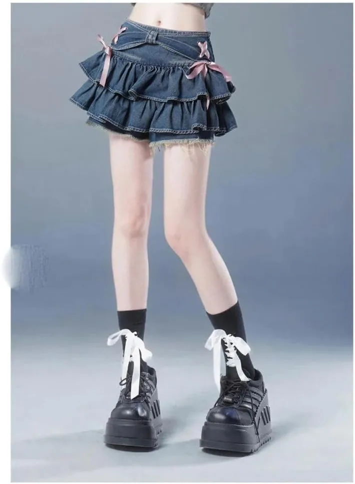 Y2k Mini Denim Skirts Women Streetwear Bow Pleated Skirts Summer Vintage Korean