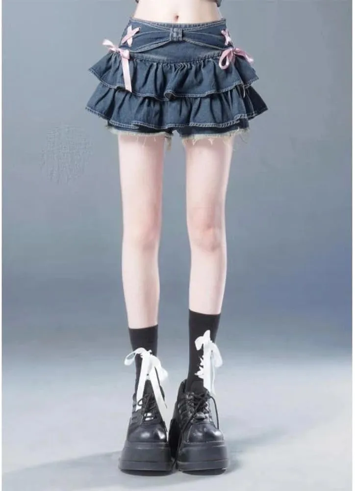Y2k Mini Denim Skirts Women Streetwear Bow Pleated Skirts Summer Vintage Korean