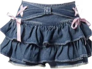 Y2k Mini Denim Skirts Women Streetwear Bow Pleated Skirts Summer Vintage Korean