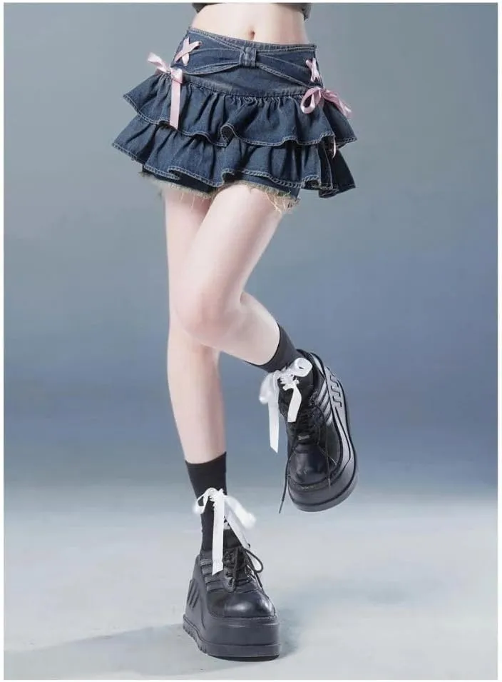 Y2k Mini Denim Skirts Women Streetwear Bow Pleated Skirts Summer Vintage Korean