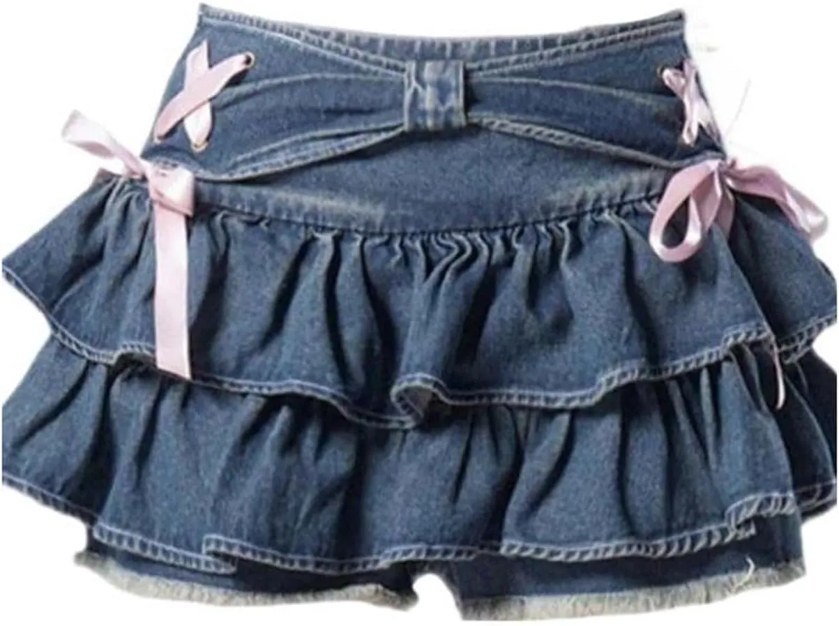 Y2k Mini Denim Skirts Women Streetwear Bow Pleated Skirts Summer Vintage Korean