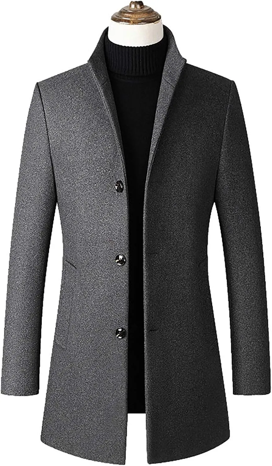 Ymosrh Motorcycle Jacket Men Mid-Length Slim-Fit Woolen Coat with Stand-Collar Solid Color Coat Winter Jackets