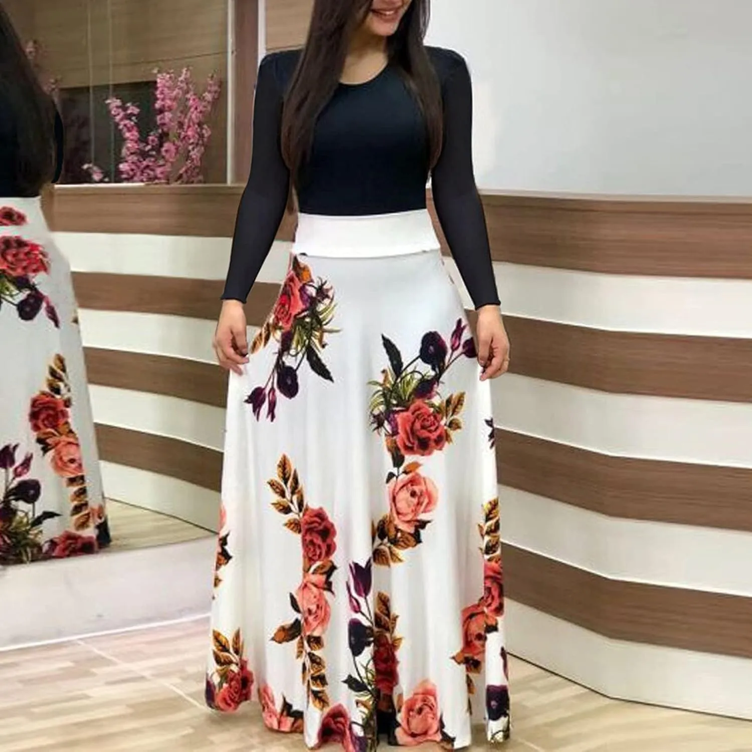 ZEFOTIM Long Sleeve Dresses for Women 2025 Floral Dress Summer Dresses Long Dresses Crewneck Dress Spring Dresses for Women