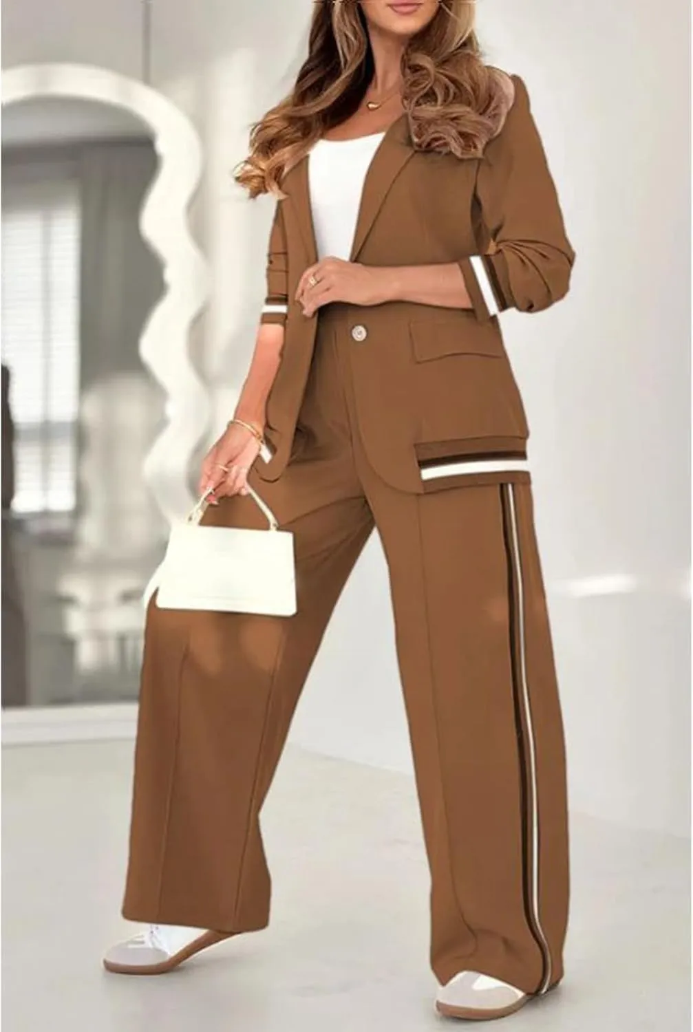 ZWRXW 2 Piece Pant Suits for Women Business Casual Two Piece Sets Blazer Outfits Oversize Blazers Jacket Wide Leg Work Pants