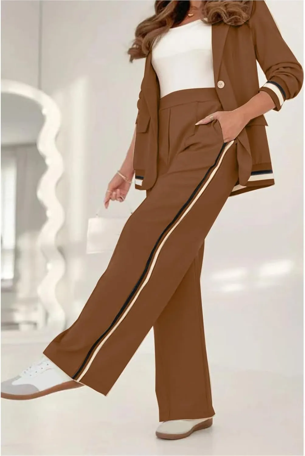 ZWRXW 2 Piece Pant Suits for Women Business Casual Two Piece Sets Blazer Outfits Oversize Blazers Jacket Wide Leg Work Pants